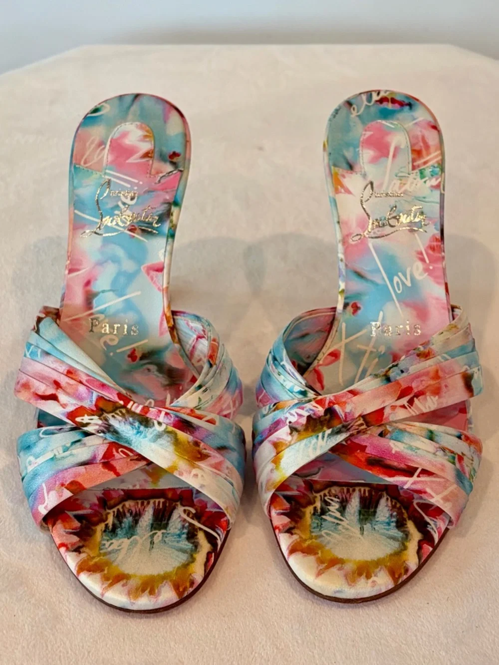 Christian Louboutin Satin Heeled Slides,“Nicol is back” print, multi, 36, EUC - Picture 3 of 15